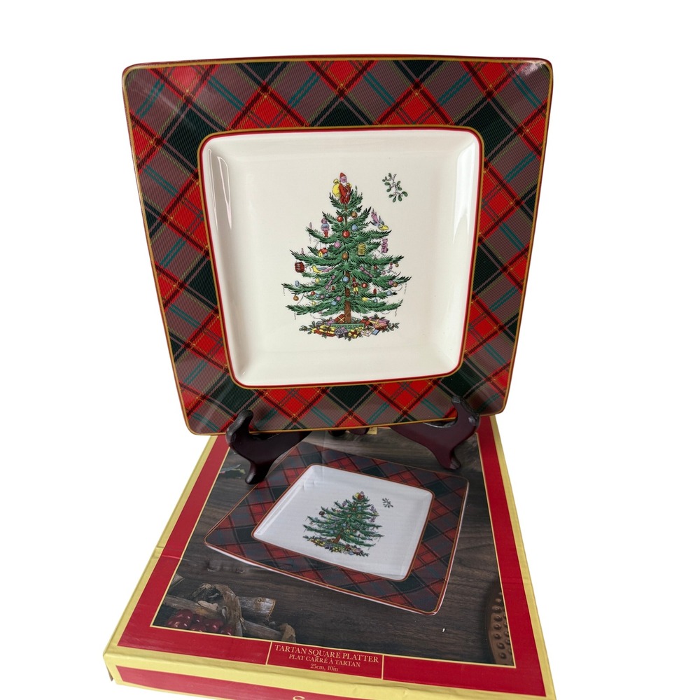 Spode Christmas Tree Tartan Square Platter 10in Red‎ Green Plaid